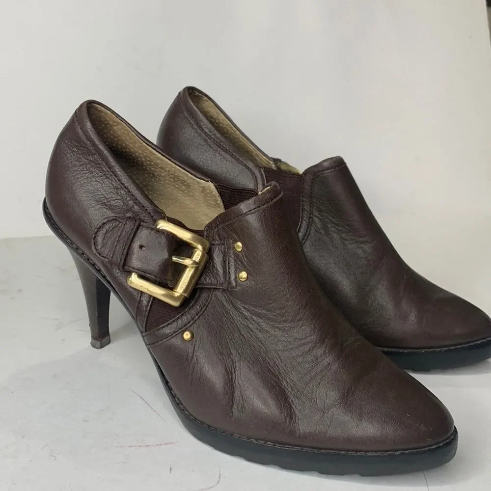 Michael Kors Penelope dark brown leather buckled ankle booties